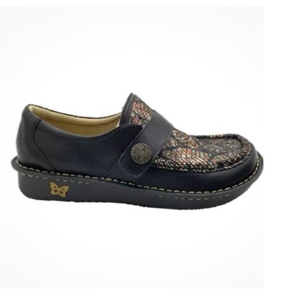 Alegria Shoes - Alegria Black Patterned Leather Loafer Button Accent Womens Shoes